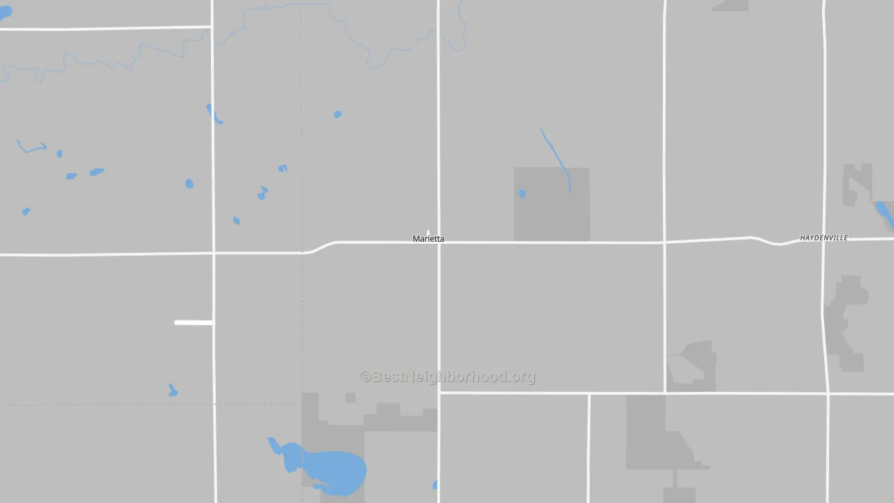 Walk Grade map of 56257, MN, walkable areas in green and car-dependent areas in red
