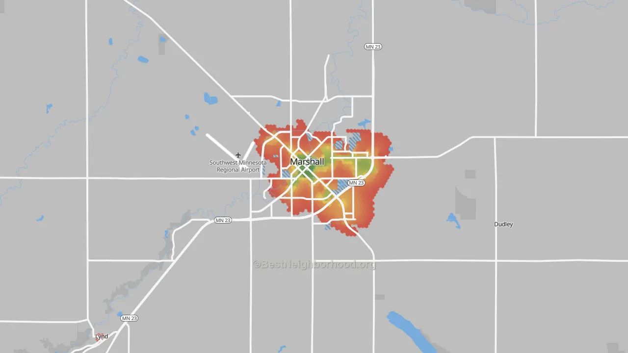 Walk Grade map of 56258, MN, walkable areas in green and car-dependent areas in red