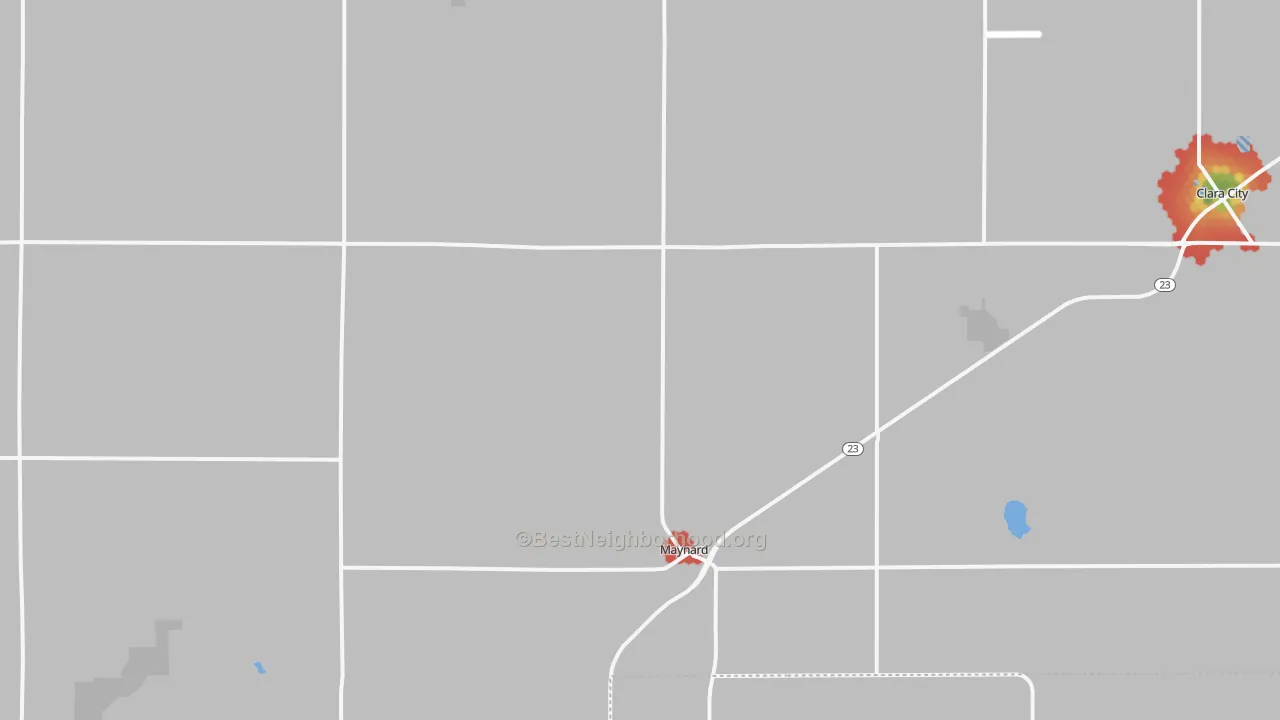 Walk Grade map of 56260, MN, walkable areas in green and car-dependent areas in red
