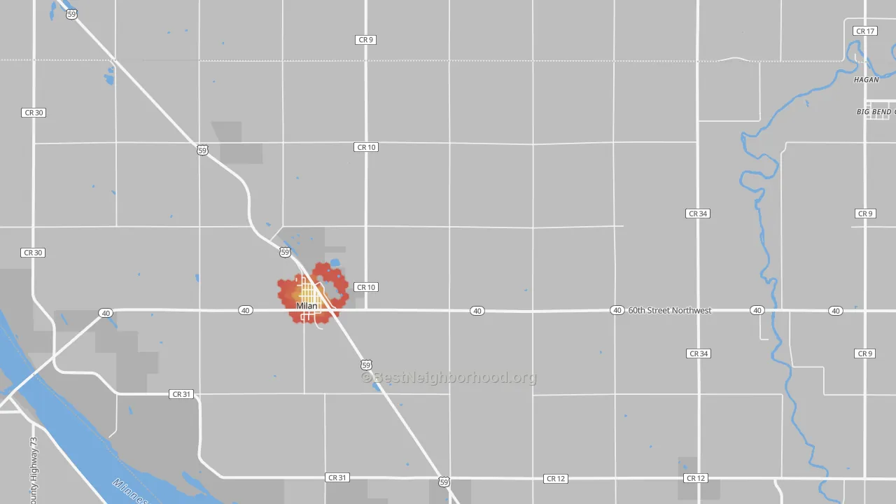 Walk Grade map of 56262, MN, walkable areas in green and car-dependent areas in red
