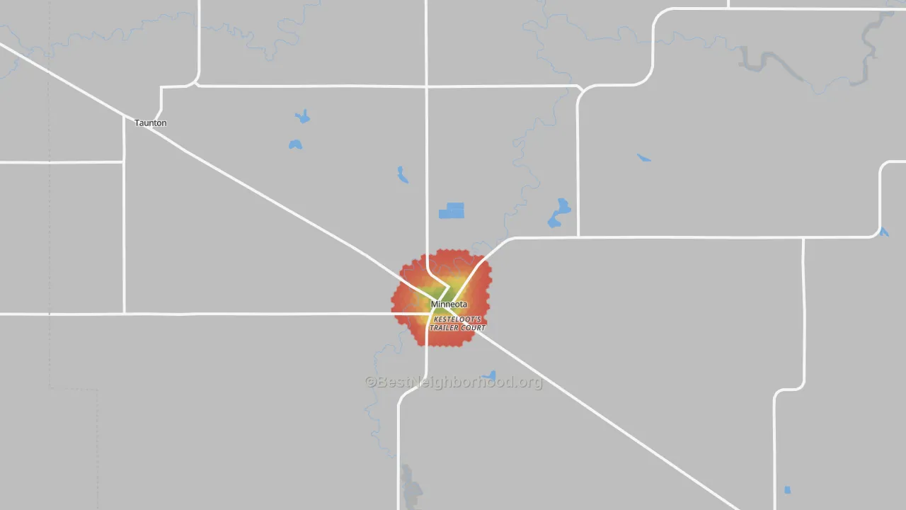 Walk Grade map of 56264, MN, walkable areas in green and car-dependent areas in red