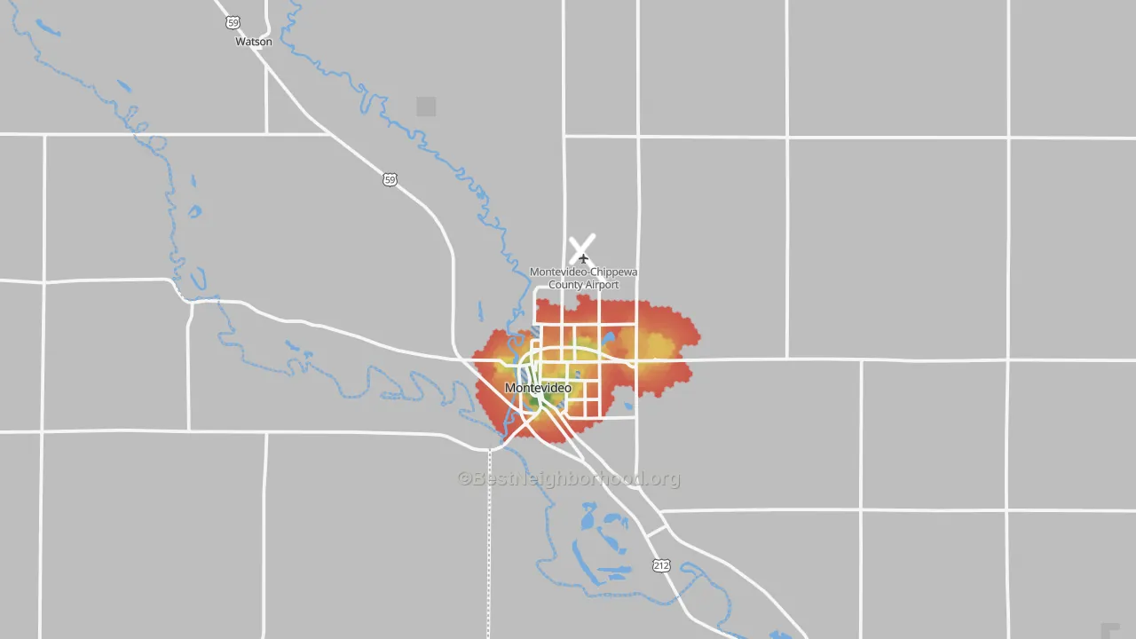 Walk Grade map of 56265, MN, walkable areas in green and car-dependent areas in red