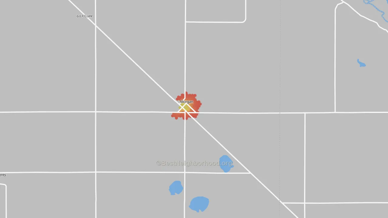Walk Grade map of 56266, MN, walkable areas in green and car-dependent areas in red