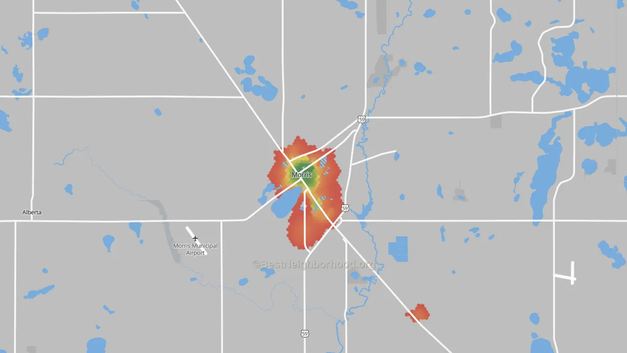 Walk Grade map of 56267, MN, walkable areas in green and car-dependent areas in red