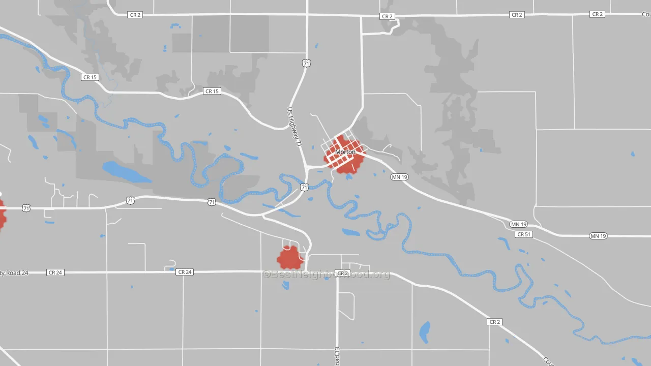 Walk Grade map of 56270, MN, walkable areas in green and car-dependent areas in red