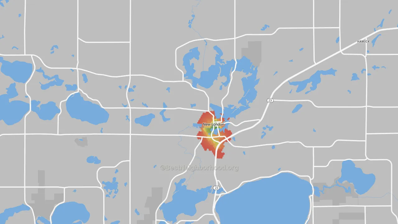 Walk Grade map of 56273, MN, walkable areas in green and car-dependent areas in red