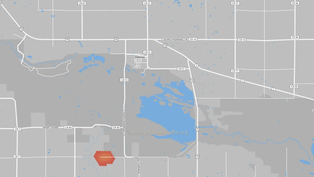 Walk Grade map of 56276, MN, walkable areas in green and car-dependent areas in red