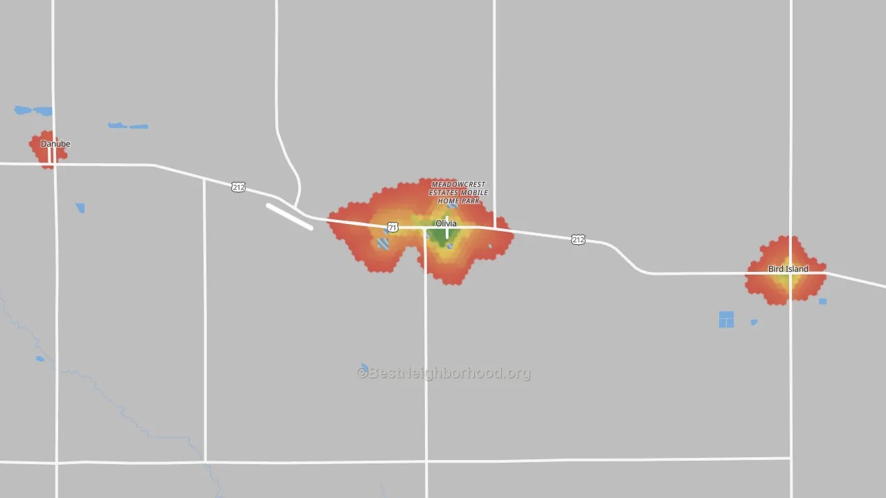Walk Grade map of 56277, MN, walkable areas in green and car-dependent areas in red