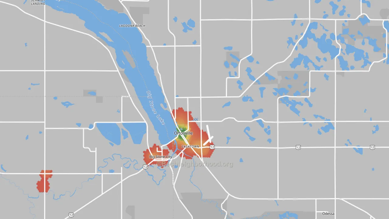 Walk Grade map of 56278, MN, walkable areas in green and car-dependent areas in red