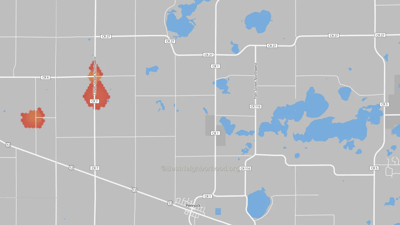 Walk Grade map of 56279, MN, walkable areas in green and car-dependent areas in red