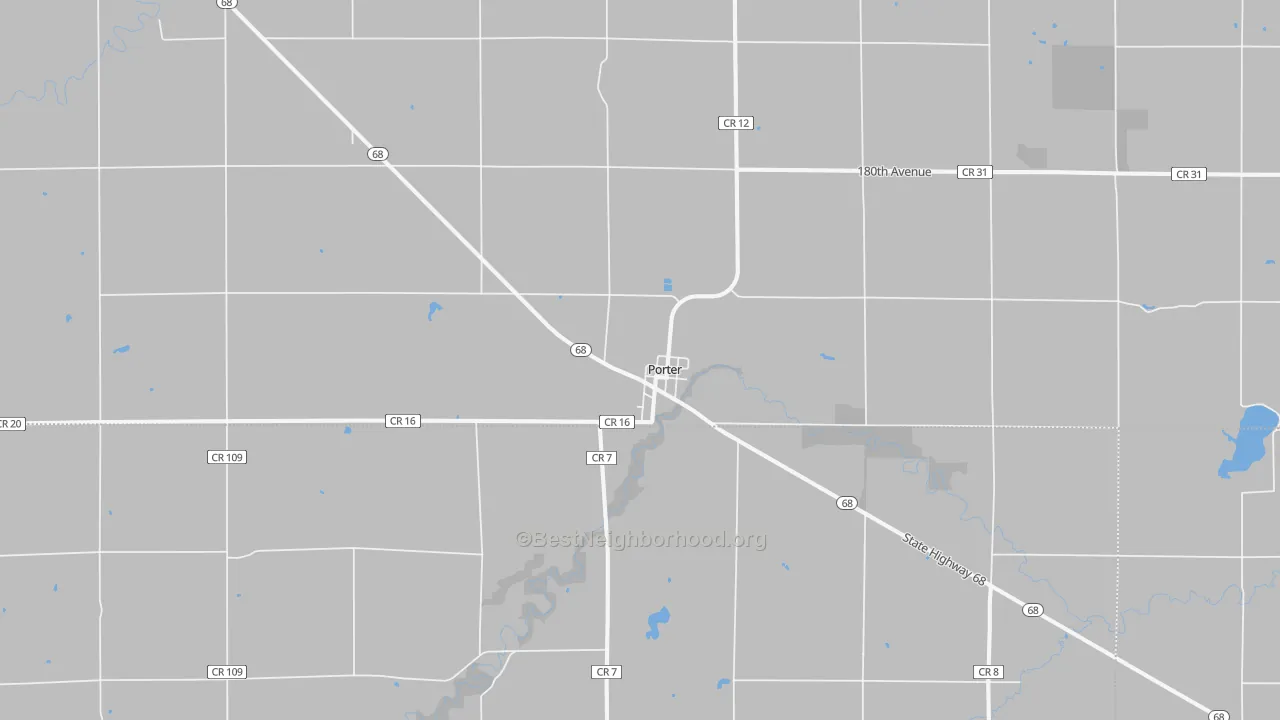 Walk Grade map of 56280, MN, walkable areas in green and car-dependent areas in red