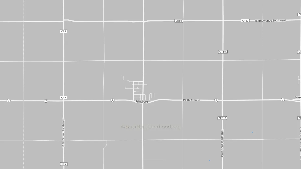 Walk Grade map of 56281, MN, walkable areas in green and car-dependent areas in red