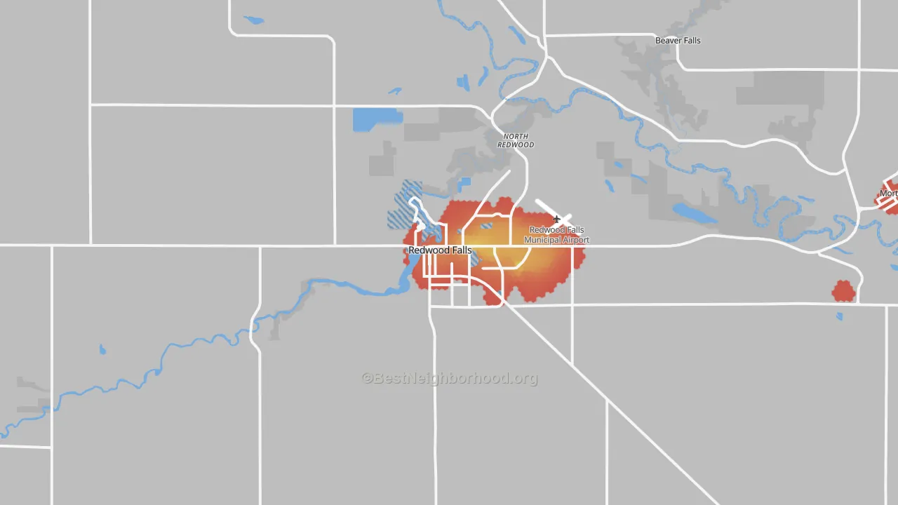 Walk Grade map of 56283, MN, walkable areas in green and car-dependent areas in red
