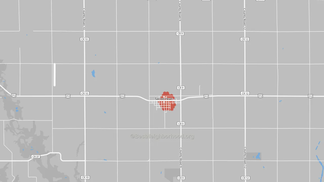 Walk Grade map of 56285, MN, walkable areas in green and car-dependent areas in red