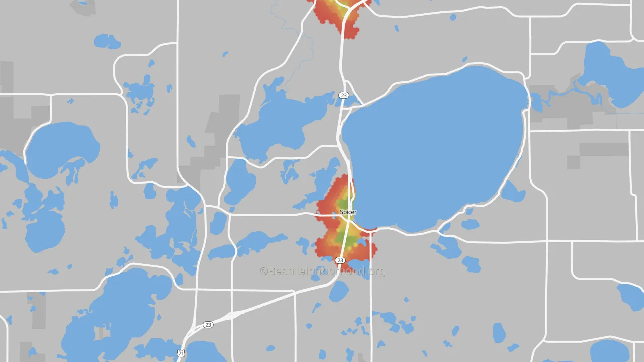 Walk Grade map of 56288, MN, walkable areas in green and car-dependent areas in red