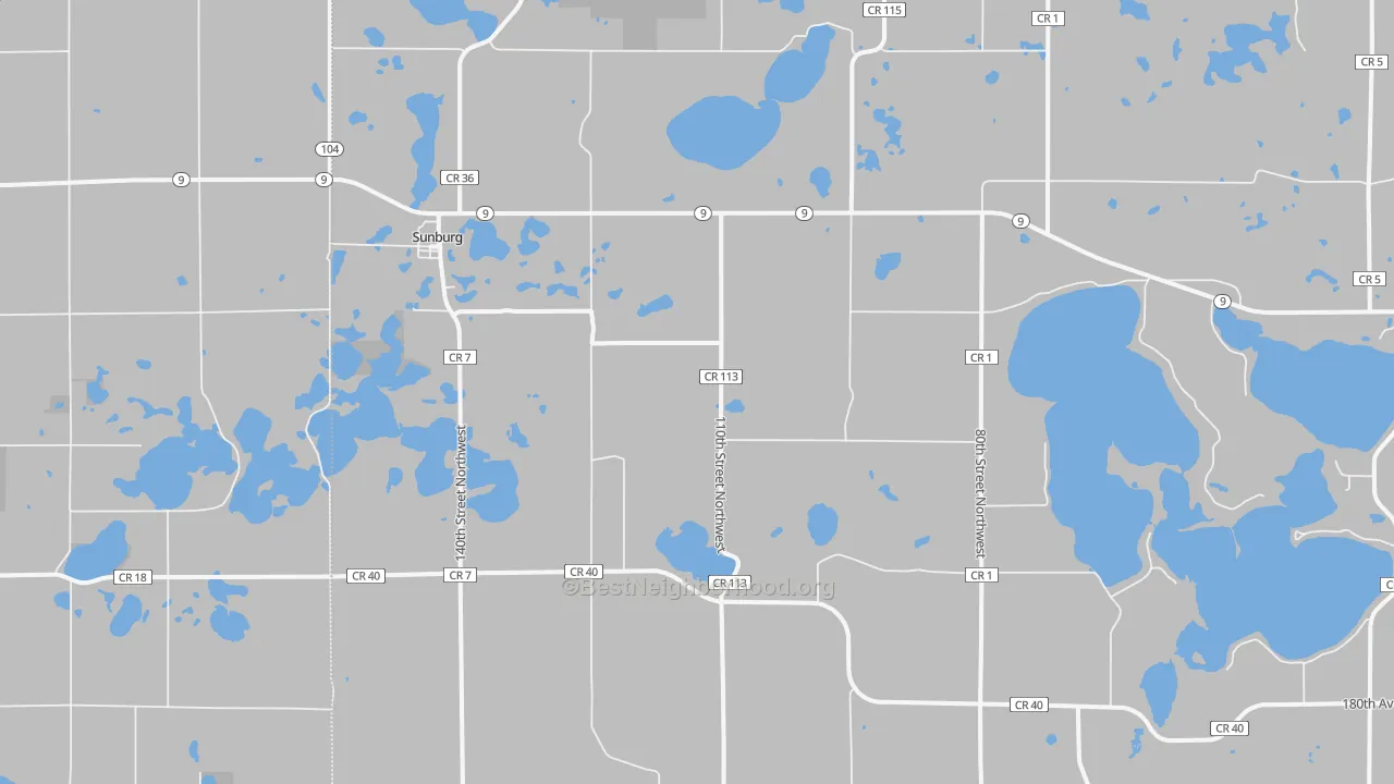 Walk Grade map of 56289, MN, walkable areas in green and car-dependent areas in red