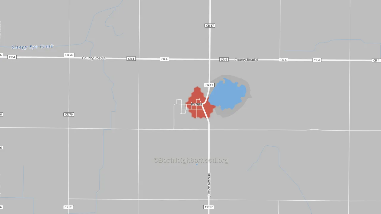 Walk Grade map of 56294, MN, walkable areas in green and car-dependent areas in red