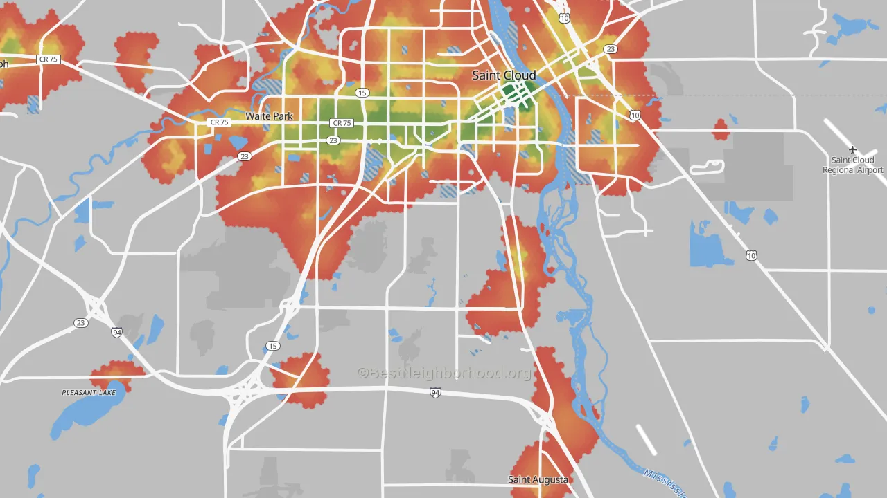 Walk Grade map of 56301, MN, walkable areas in green and car-dependent areas in red