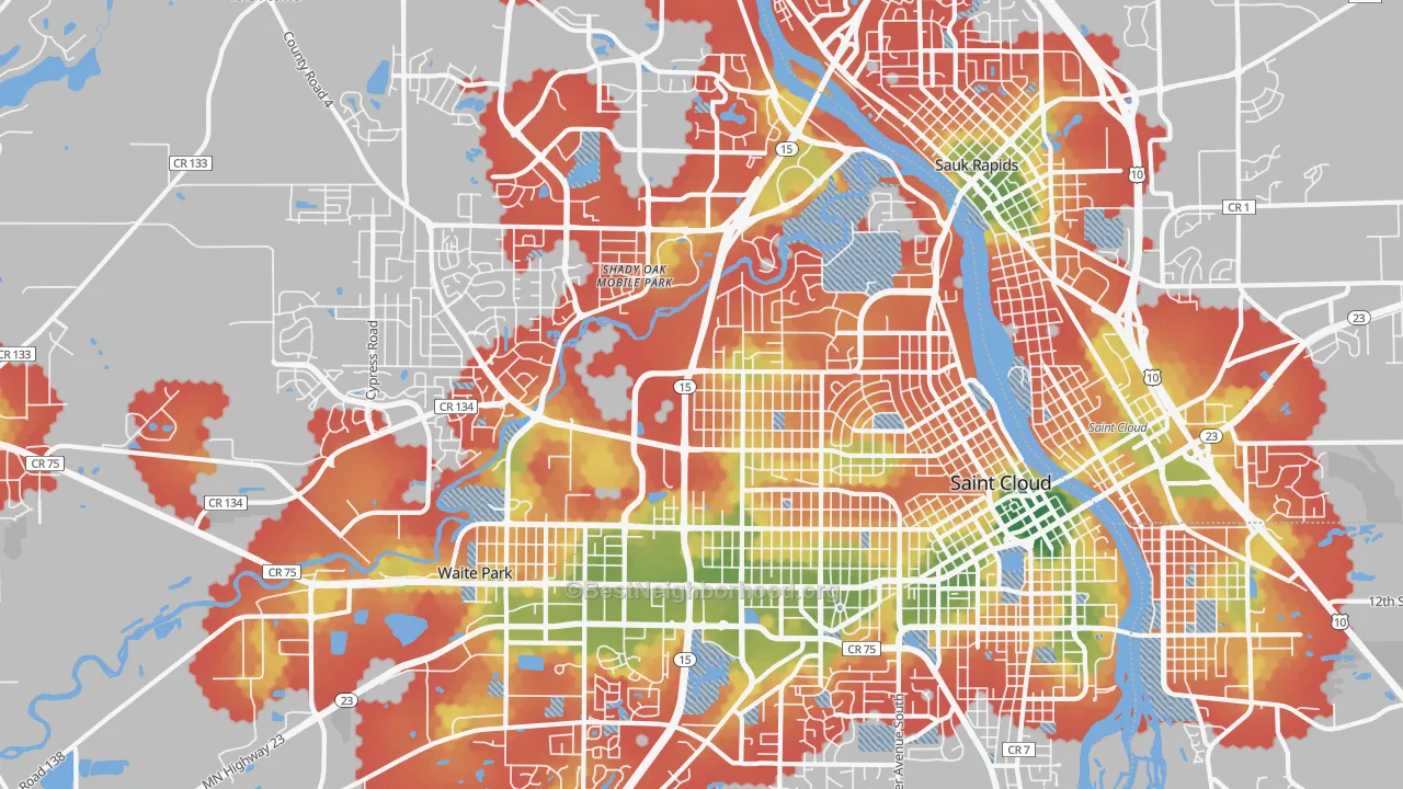 Walk Grade map of 56303, MN, walkable areas in green and car-dependent areas in red