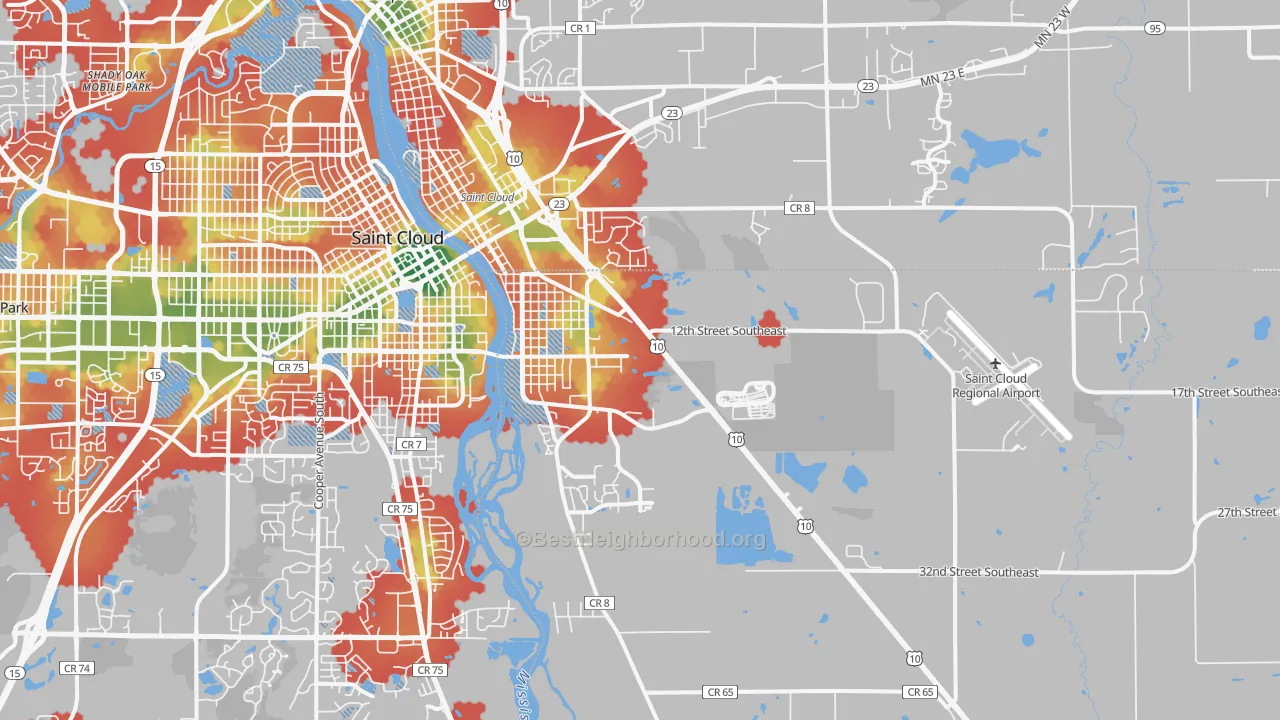 Walk Grade map of 56304, MN, walkable areas in green and car-dependent areas in red