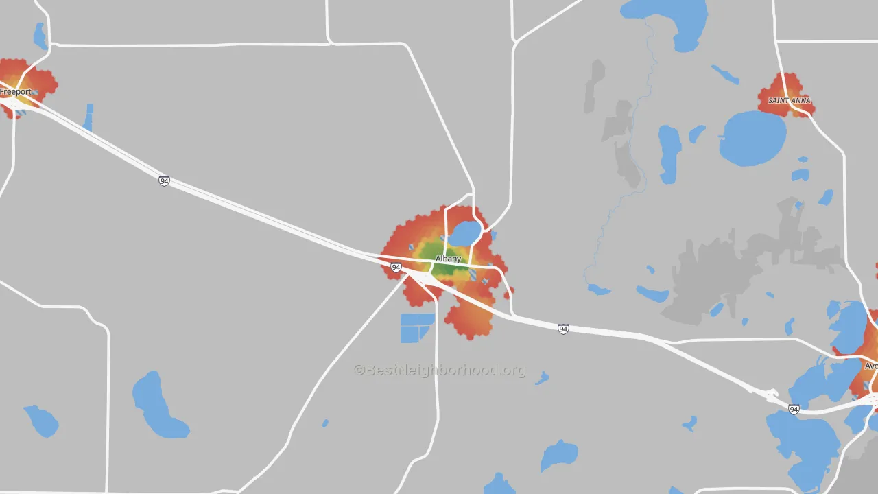 Walk Grade map of 56307, MN, walkable areas in green and car-dependent areas in red
