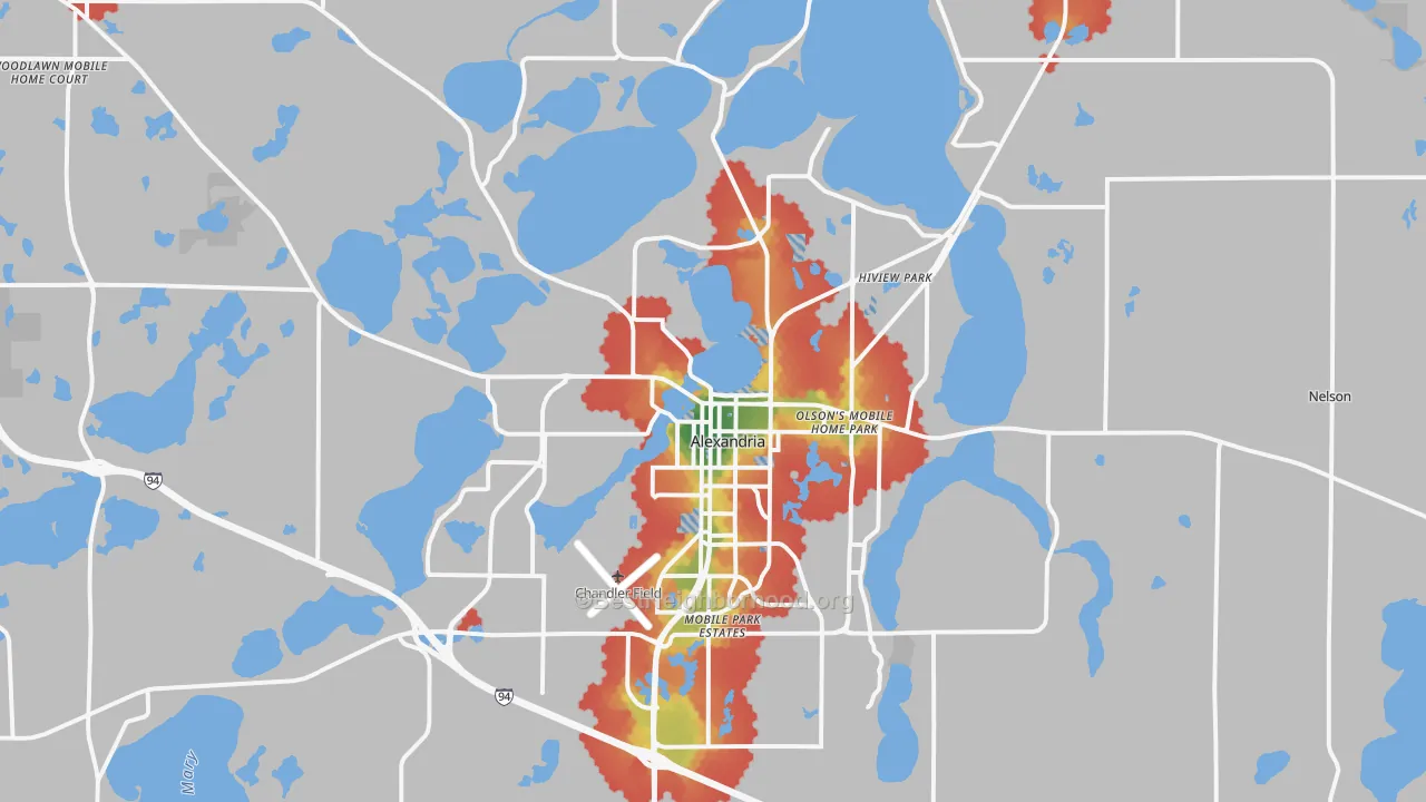 Walk Grade map of 56308, MN, walkable areas in green and car-dependent areas in red