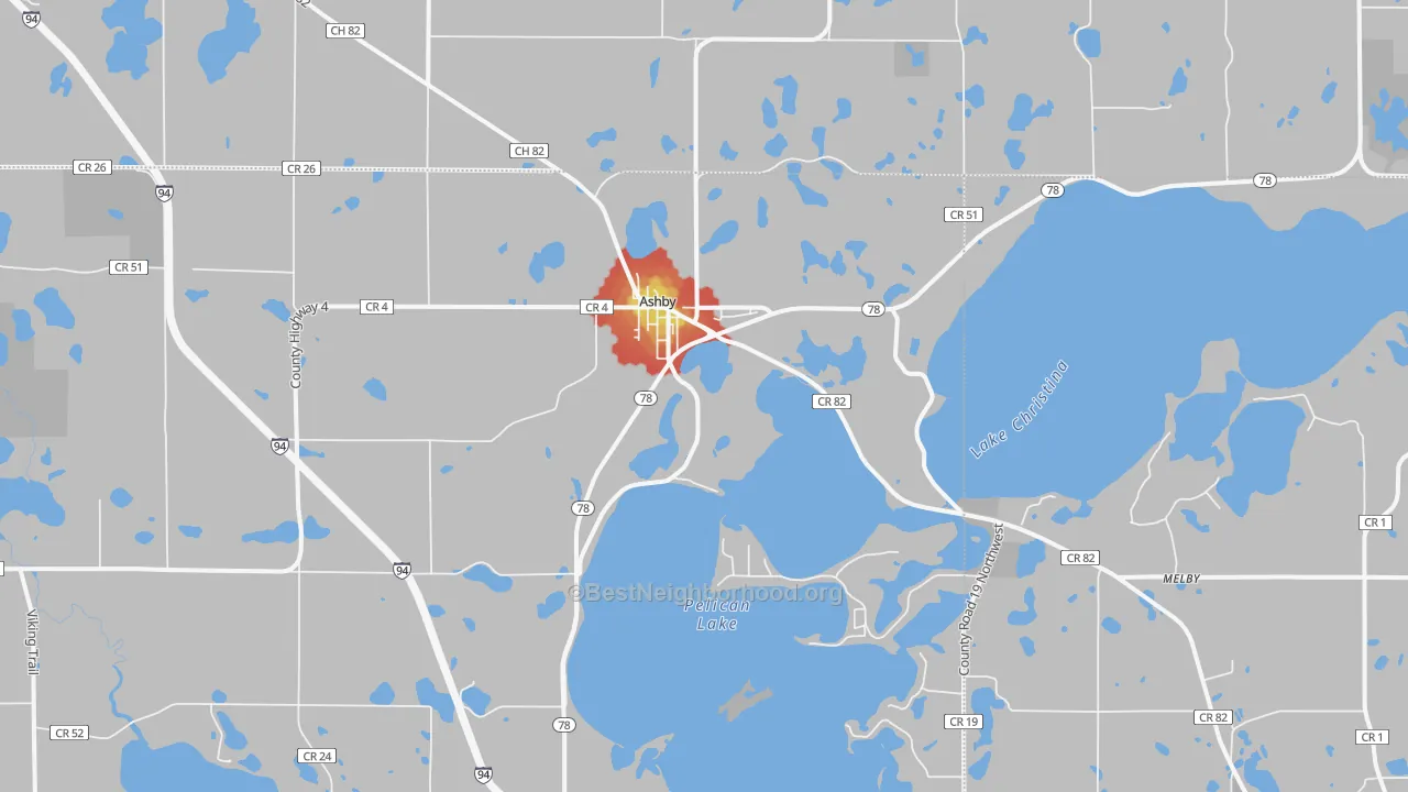 Walk Grade map of 56309, MN, walkable areas in green and car-dependent areas in red