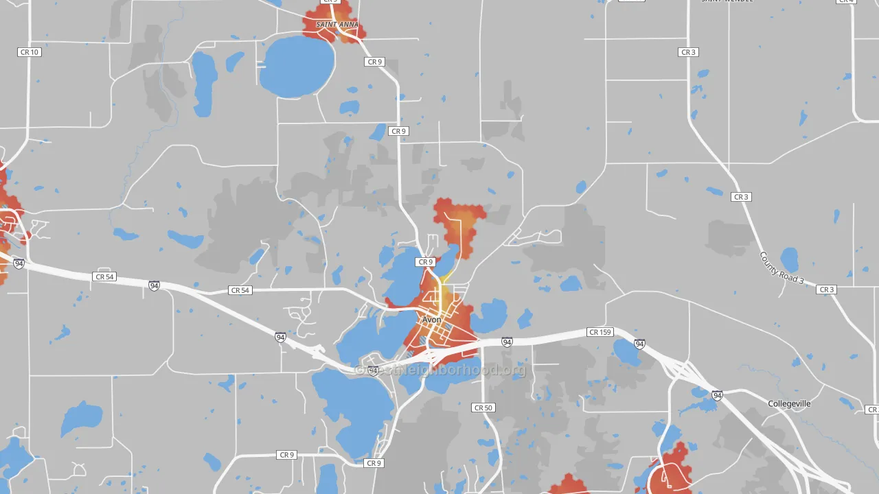 Walk Grade map of 56310, MN, walkable areas in green and car-dependent areas in red