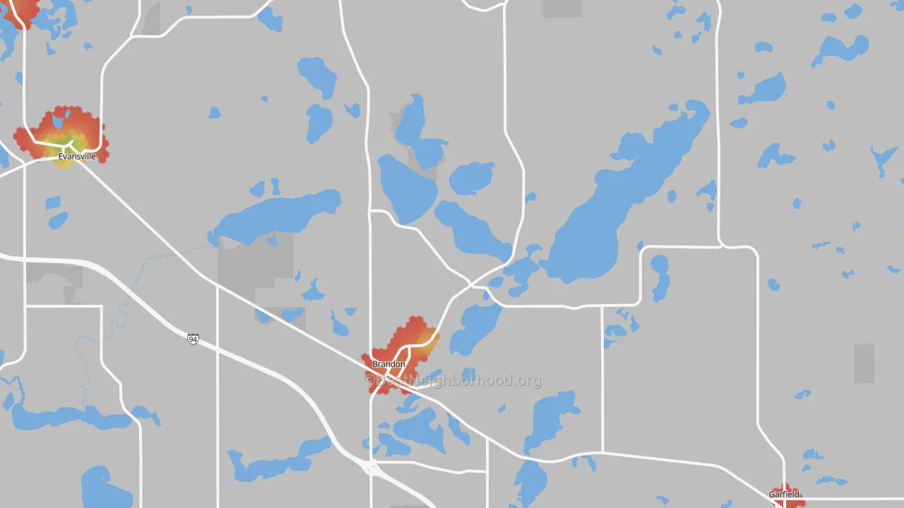 Walk Grade map of 56315, MN, walkable areas in green and car-dependent areas in red
