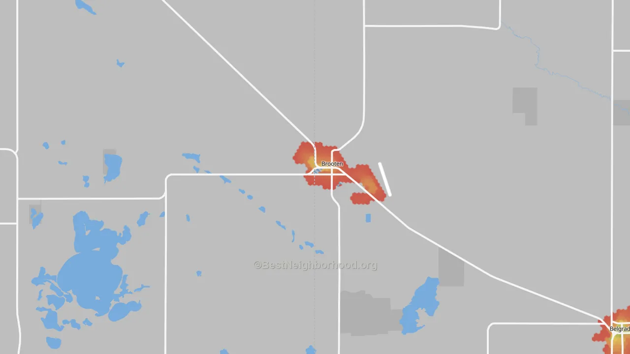 Walk Grade map of 56316, MN, walkable areas in green and car-dependent areas in red