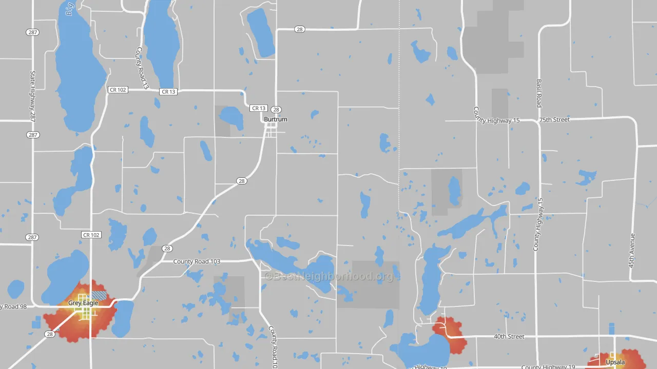 Walk Grade map of 56318, MN, walkable areas in green and car-dependent areas in red