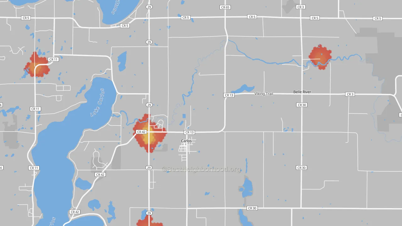 Walk Grade map of 56319, MN, walkable areas in green and car-dependent areas in red