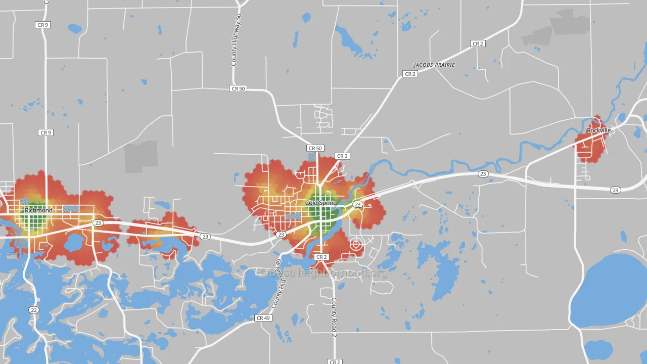 Walk Grade map of 56320, MN, walkable areas in green and car-dependent areas in red