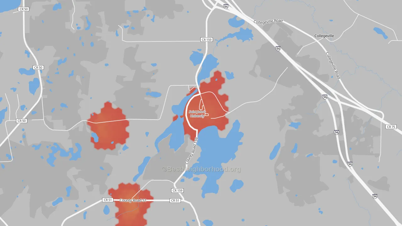 Walk Grade map of 56321, MN, walkable areas in green and car-dependent areas in red