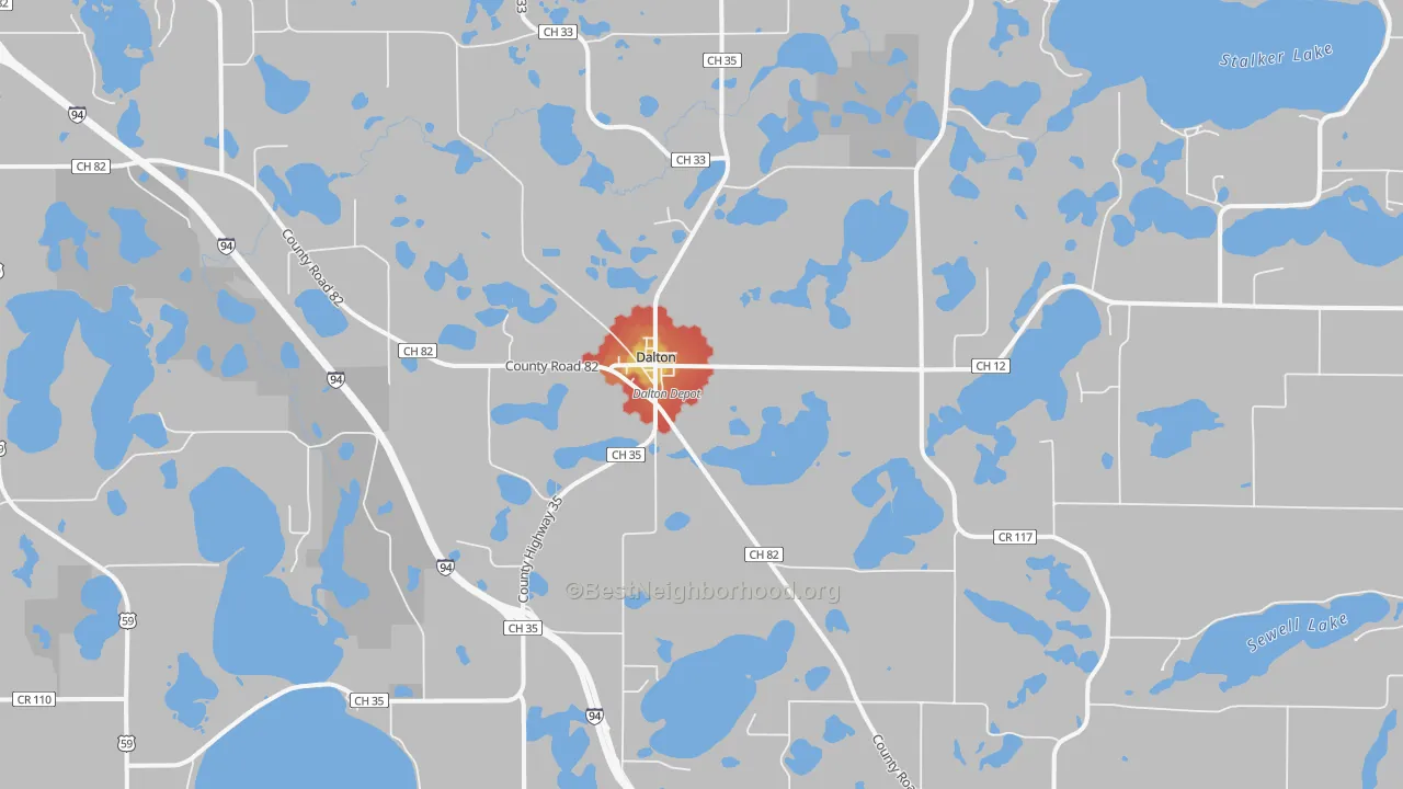 Walk Grade map of 56324, MN, walkable areas in green and car-dependent areas in red