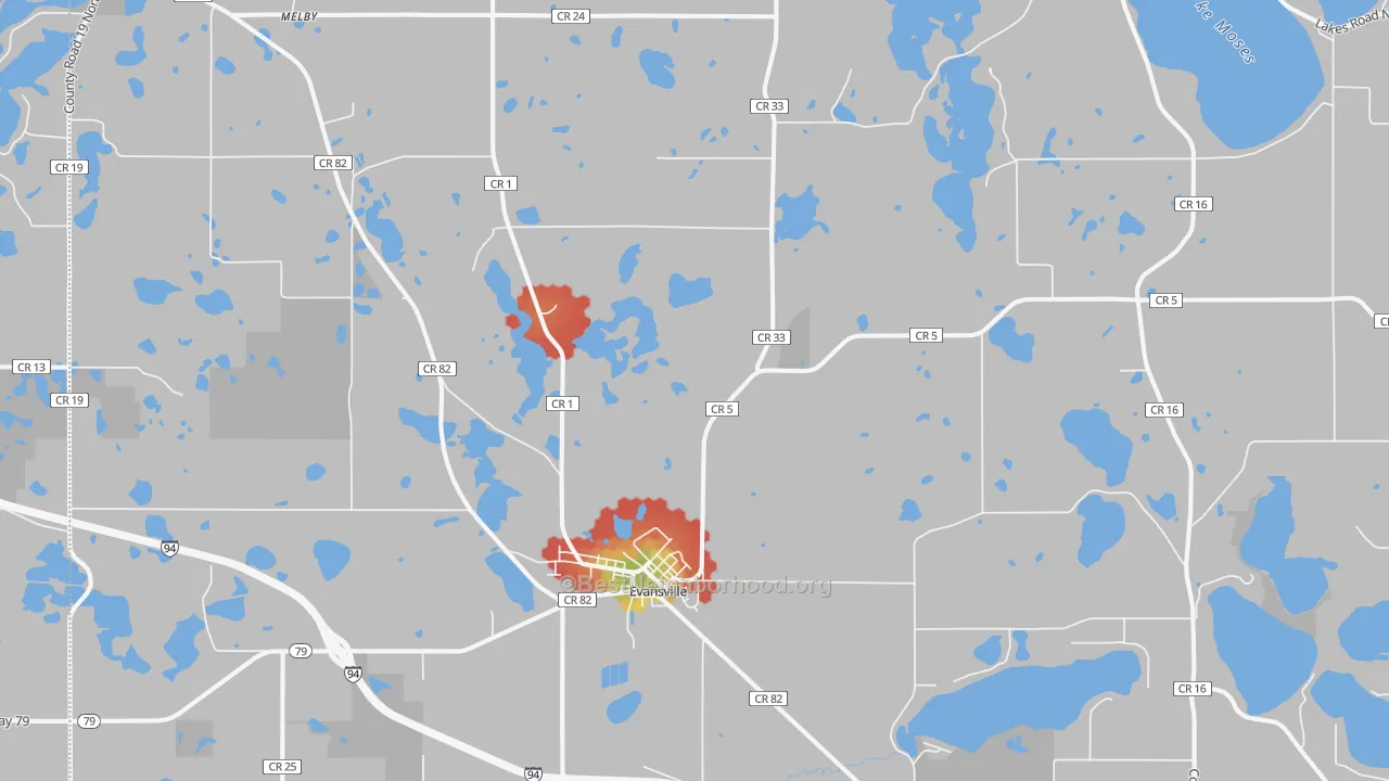 Walk Grade map of 56326, MN, walkable areas in green and car-dependent areas in red
