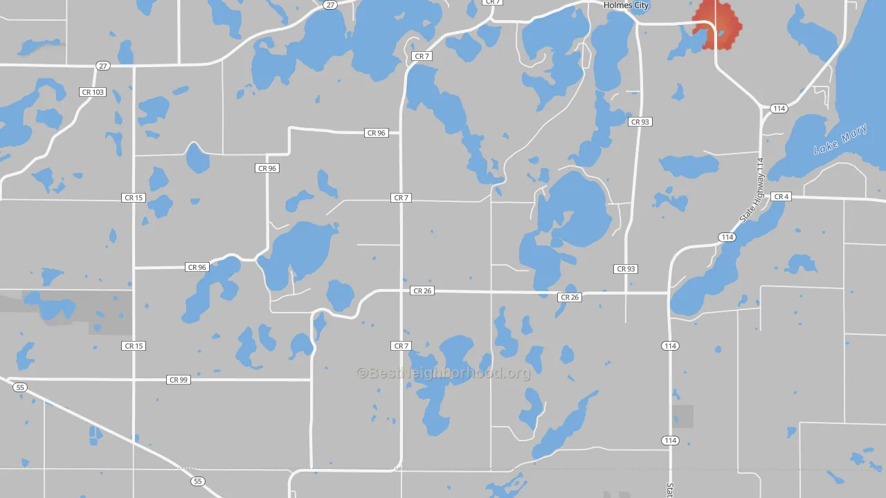 Walk Grade map of 56327, MN, walkable areas in green and car-dependent areas in red