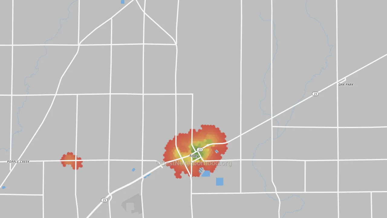 Walk Grade map of 56329, MN, walkable areas in green and car-dependent areas in red