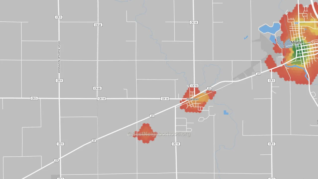 Walk Grade map of 56330, MN, walkable areas in green and car-dependent areas in red
