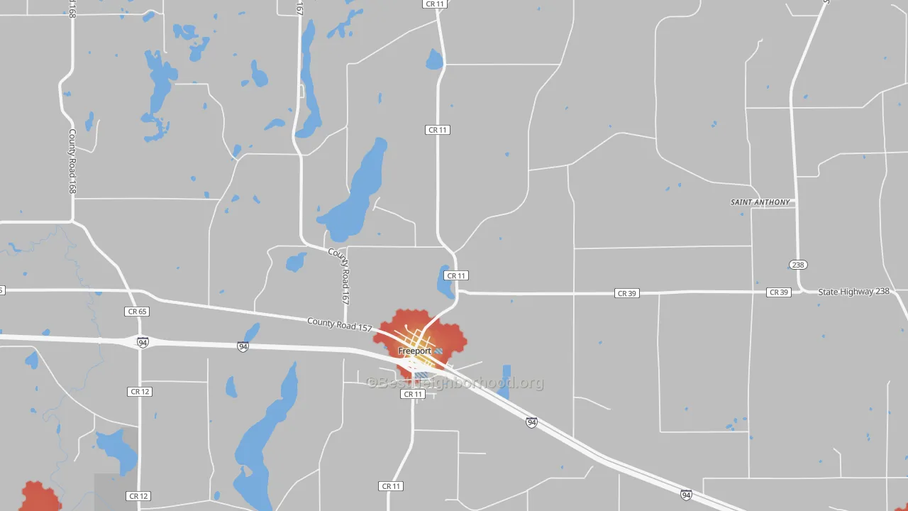 Walk Grade map of 56331, MN, walkable areas in green and car-dependent areas in red