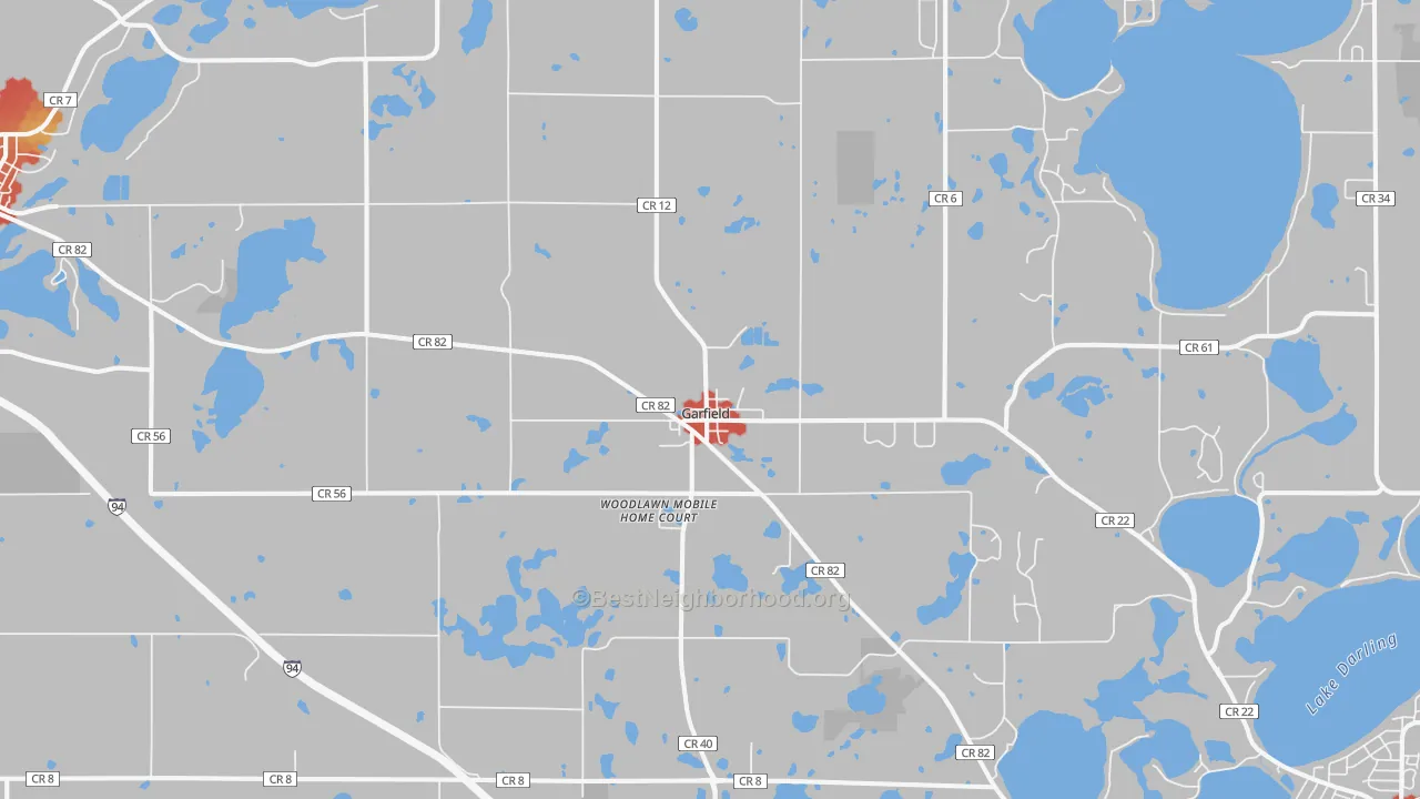 Walk Grade map of 56332, MN, walkable areas in green and car-dependent areas in red