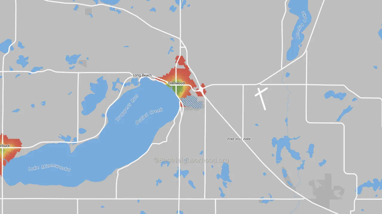 Walk Grade map of 56334, MN, walkable areas in green and car-dependent areas in red
