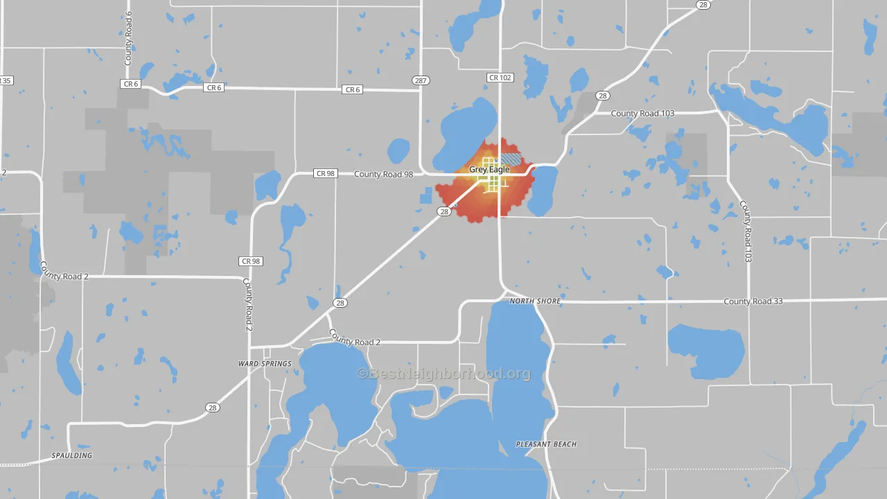 Walk Grade map of 56336, MN, walkable areas in green and car-dependent areas in red