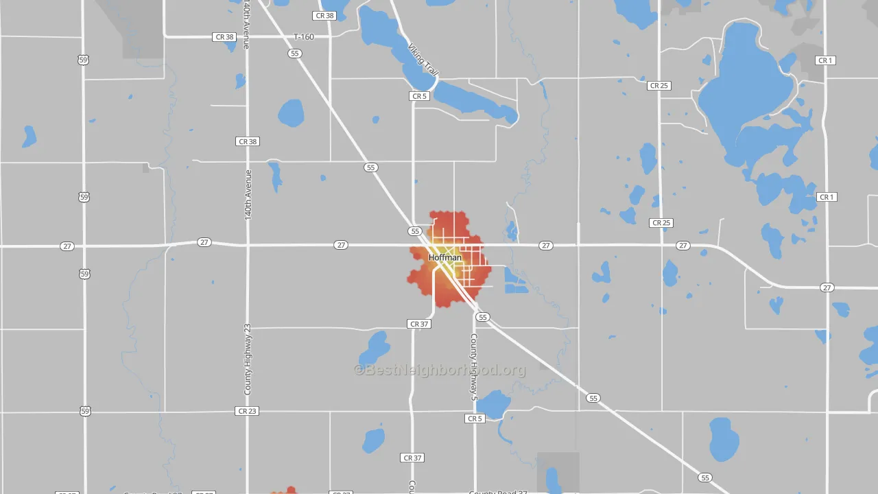 Walk Grade map of 56339, MN, walkable areas in green and car-dependent areas in red