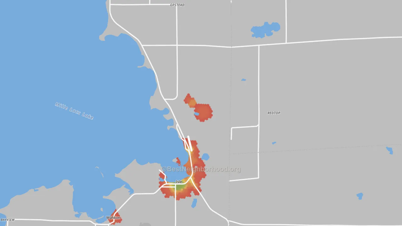 Walk Grade map of 56342, MN, walkable areas in green and car-dependent areas in red