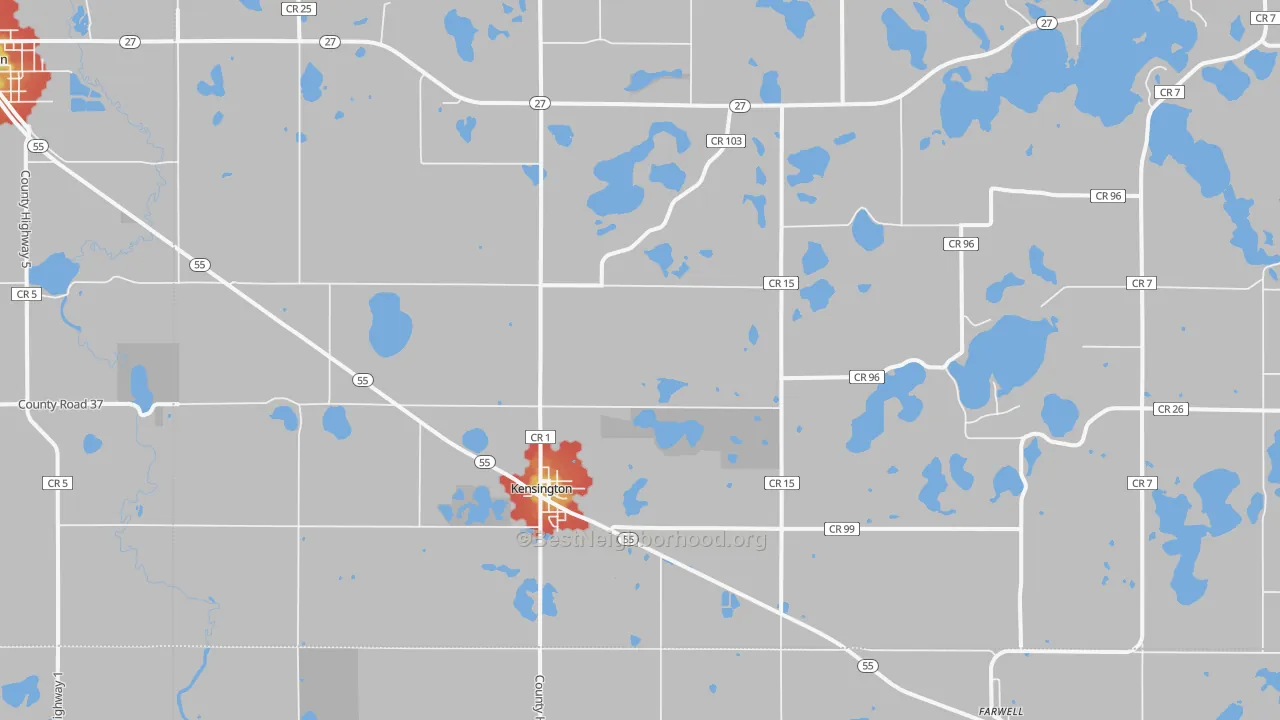 Walk Grade map of 56343, MN, walkable areas in green and car-dependent areas in red