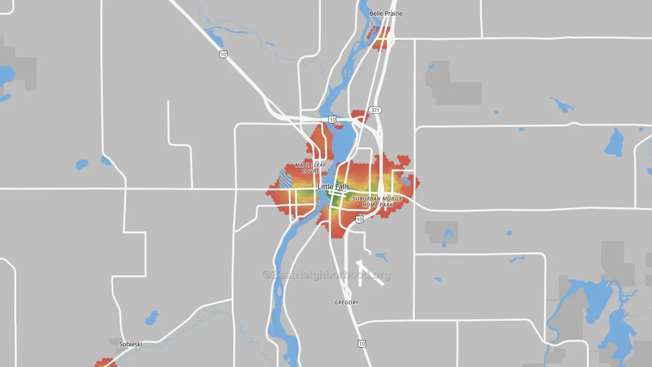 Walk Grade map of 56345, MN, walkable areas in green and car-dependent areas in red