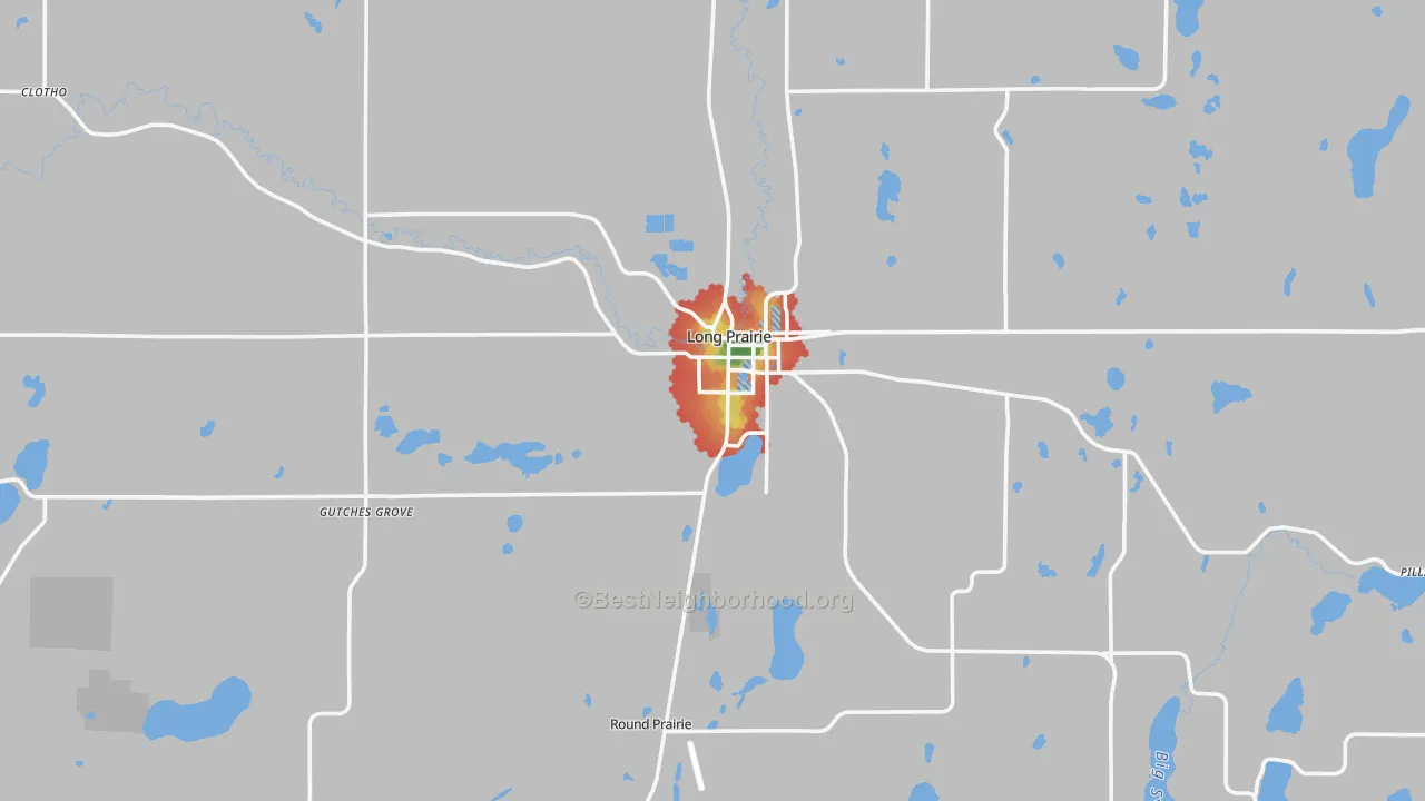 Walk Grade map of 56347, MN, walkable areas in green and car-dependent areas in red