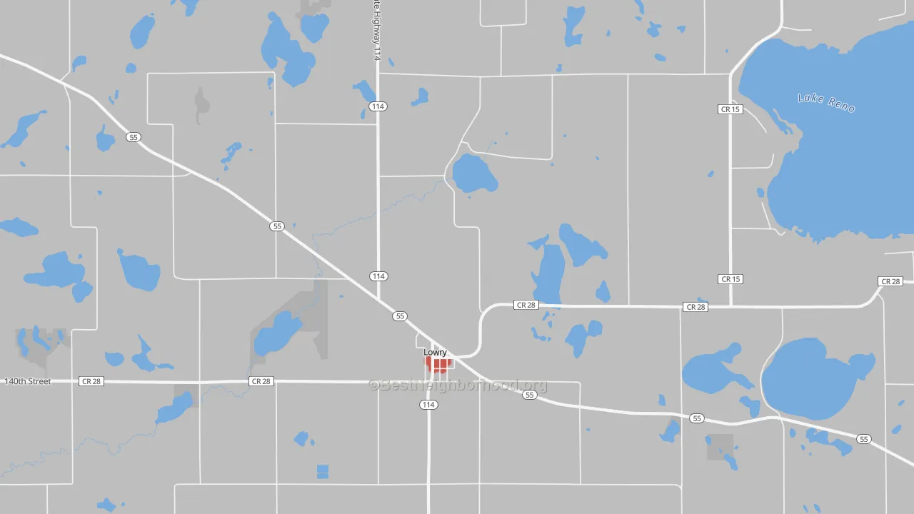 Walk Grade map of 56349, MN, walkable areas in green and car-dependent areas in red