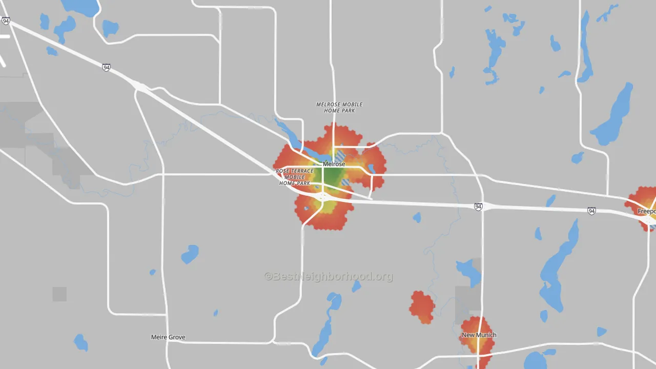Walk Grade map of 56352, MN, walkable areas in green and car-dependent areas in red